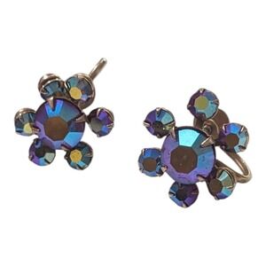 Vintage Weiss Aurora Borealis Rhinestone Flower Adjustable Screwback Earrings